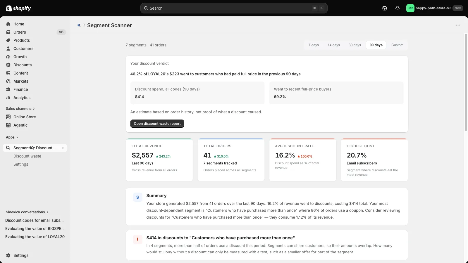 SegmentIQ home screen showing a discount verdict for the store's biggest discount code