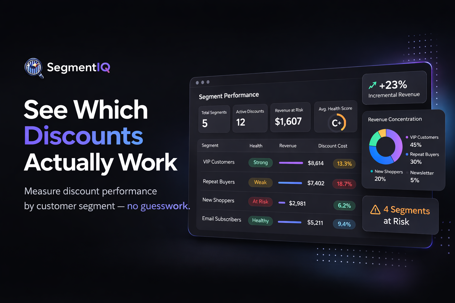 SegmentIQ dashboard showing discount performance by segment